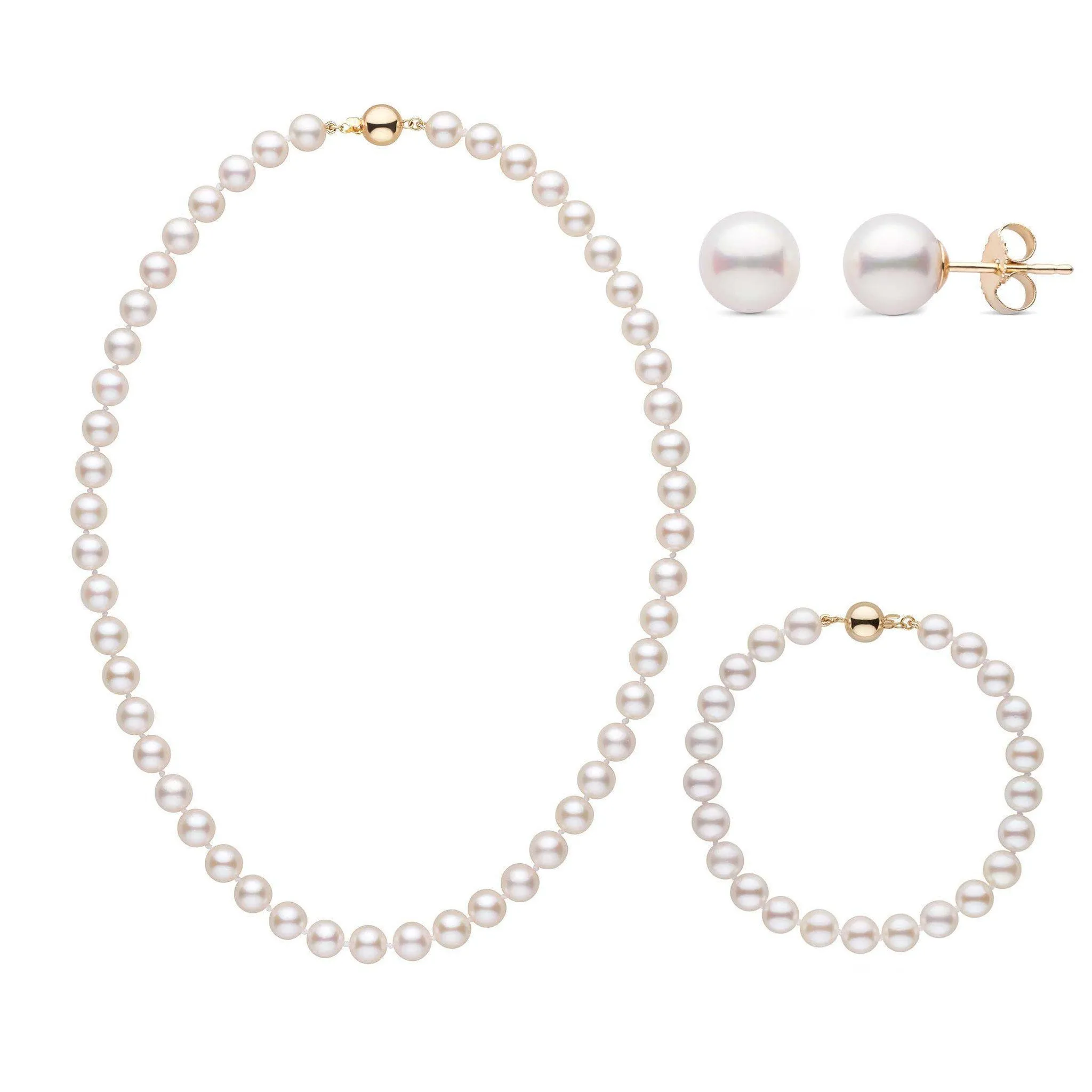 16 Inch 3 Piece Set of 7.0-7.5 mm AA+ White Akoya Pearls