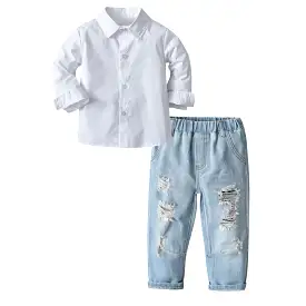 2 Pieces Set Baby Kid Boys Solid Color Shirts And Ripped Jeans Wholesale 230828322