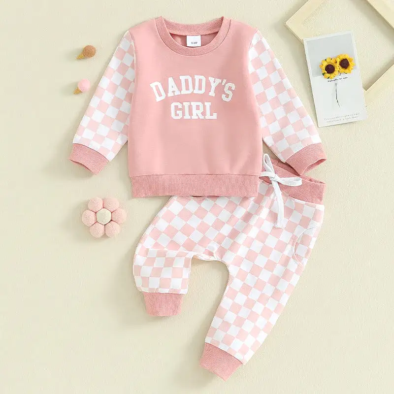 2 Pieces Set Baby Kid Girls Letters Color-blocking Tops And Checked Pants Wholesale 231130325