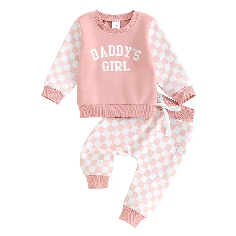 2 Pieces Set Baby Kid Girls Letters Color-blocking Tops And Checked Pants Wholesale 231130325