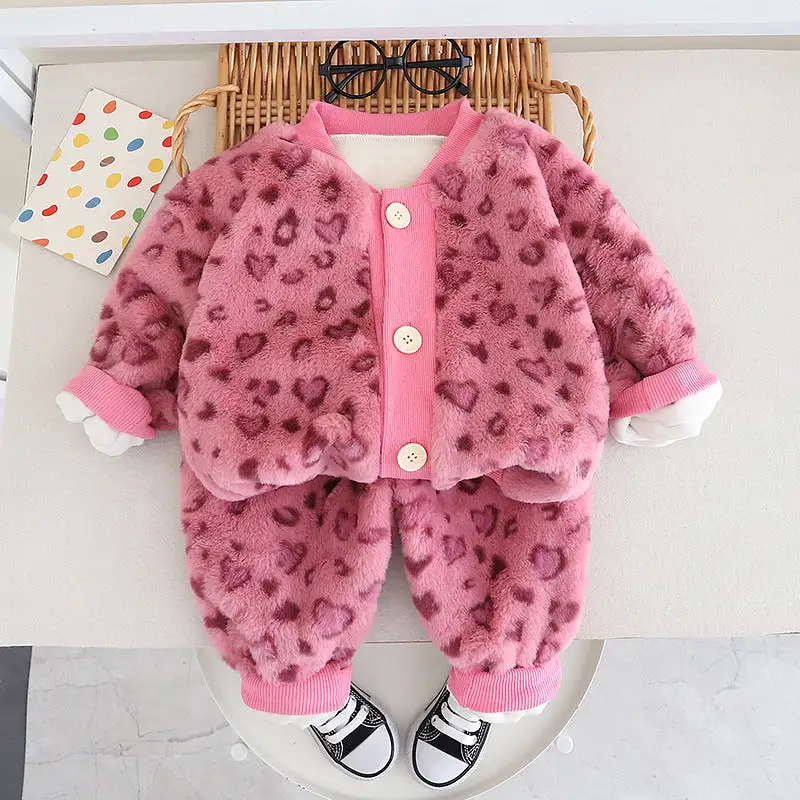 2 Pieces Set Baby Kid Girls Solid Color Leopard Cardigan And Pants Wholesale 231130128