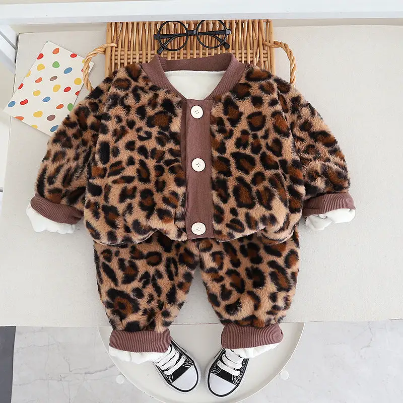 2 Pieces Set Baby Kid Girls Solid Color Leopard Cardigan And Pants Wholesale 231130128