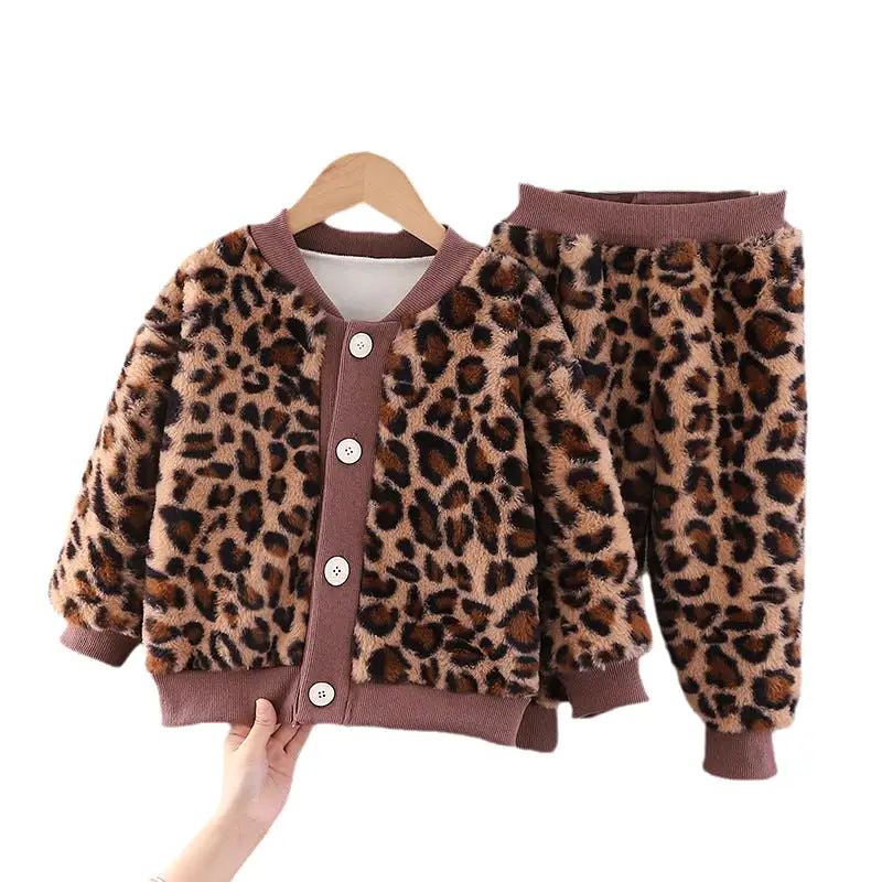 2 Pieces Set Baby Kid Girls Solid Color Leopard Cardigan And Pants Wholesale 231130128