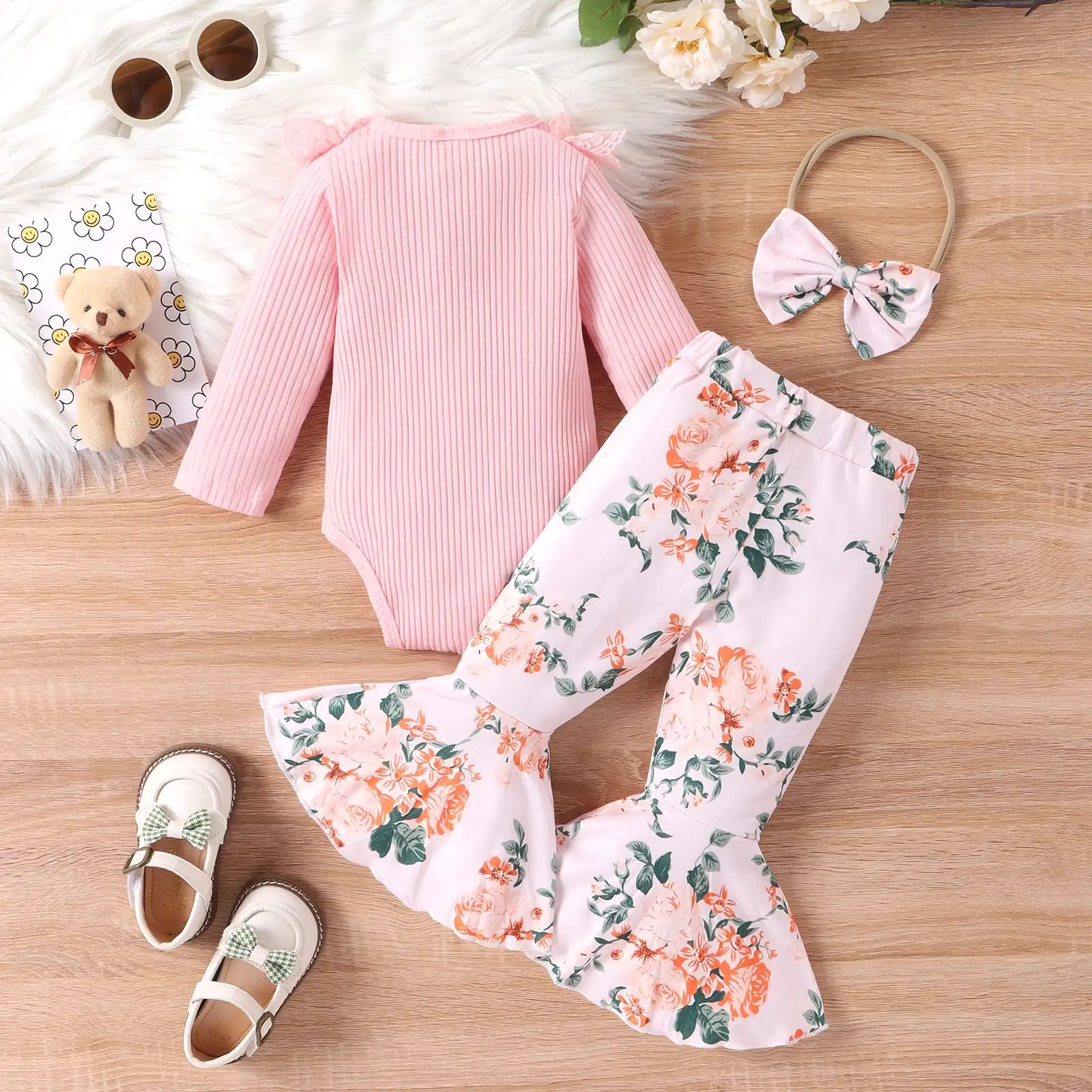 2 Pieces Set Baby Kid Girls Solid Color Print Rompers And Flower Pants Wholesale 24011126