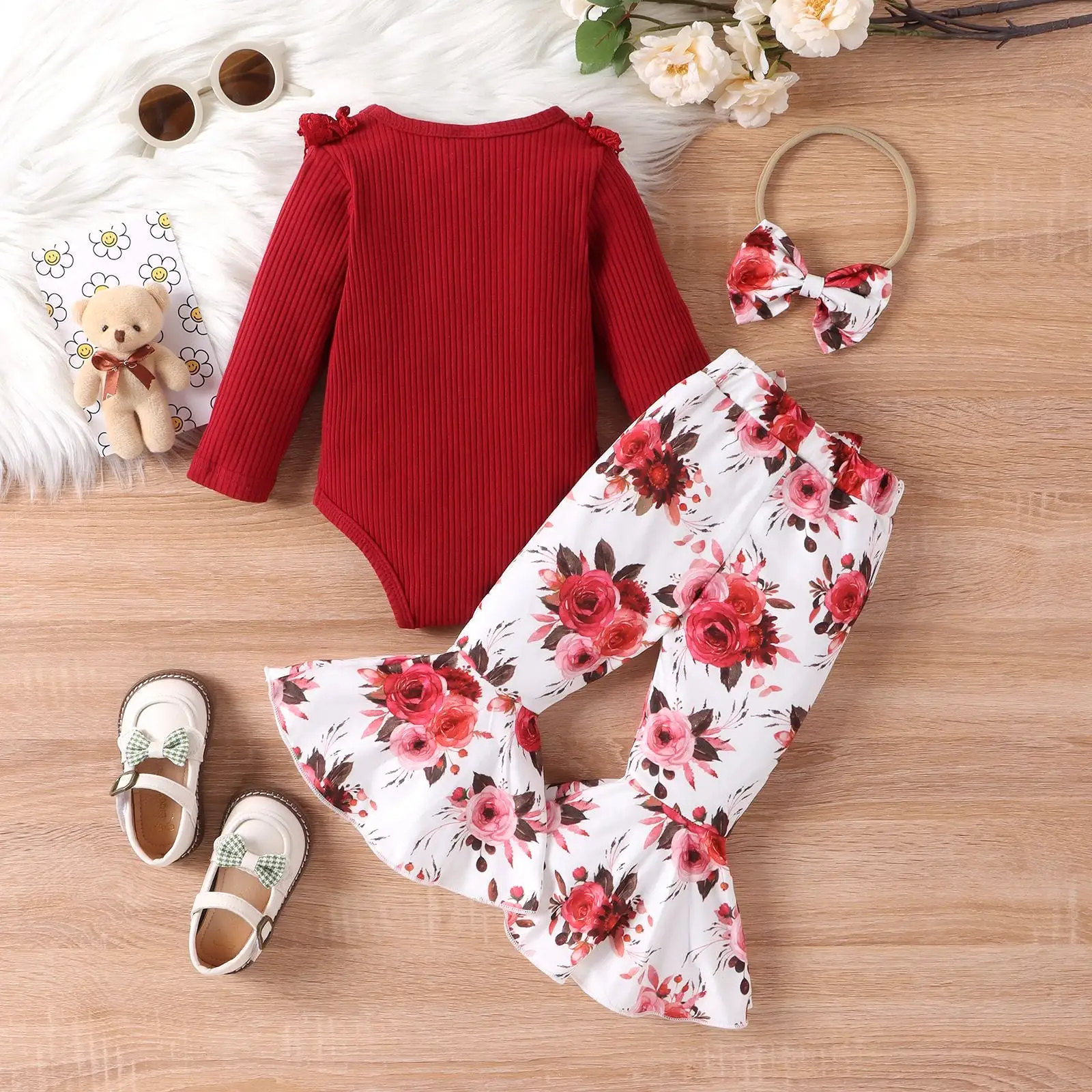 2 Pieces Set Baby Kid Girls Solid Color Print Rompers And Flower Pants Wholesale 24011126