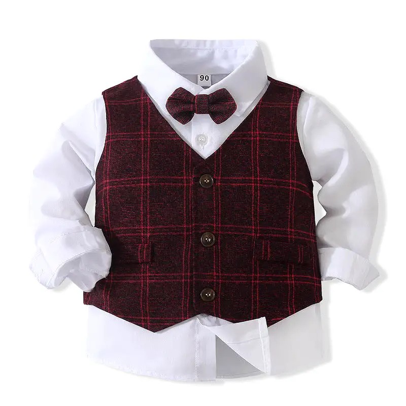 3 Pieces Set Baby Kid Boys Solid Color Shirts Checked Vests Waistcoats And Pants Wholesale 23082802