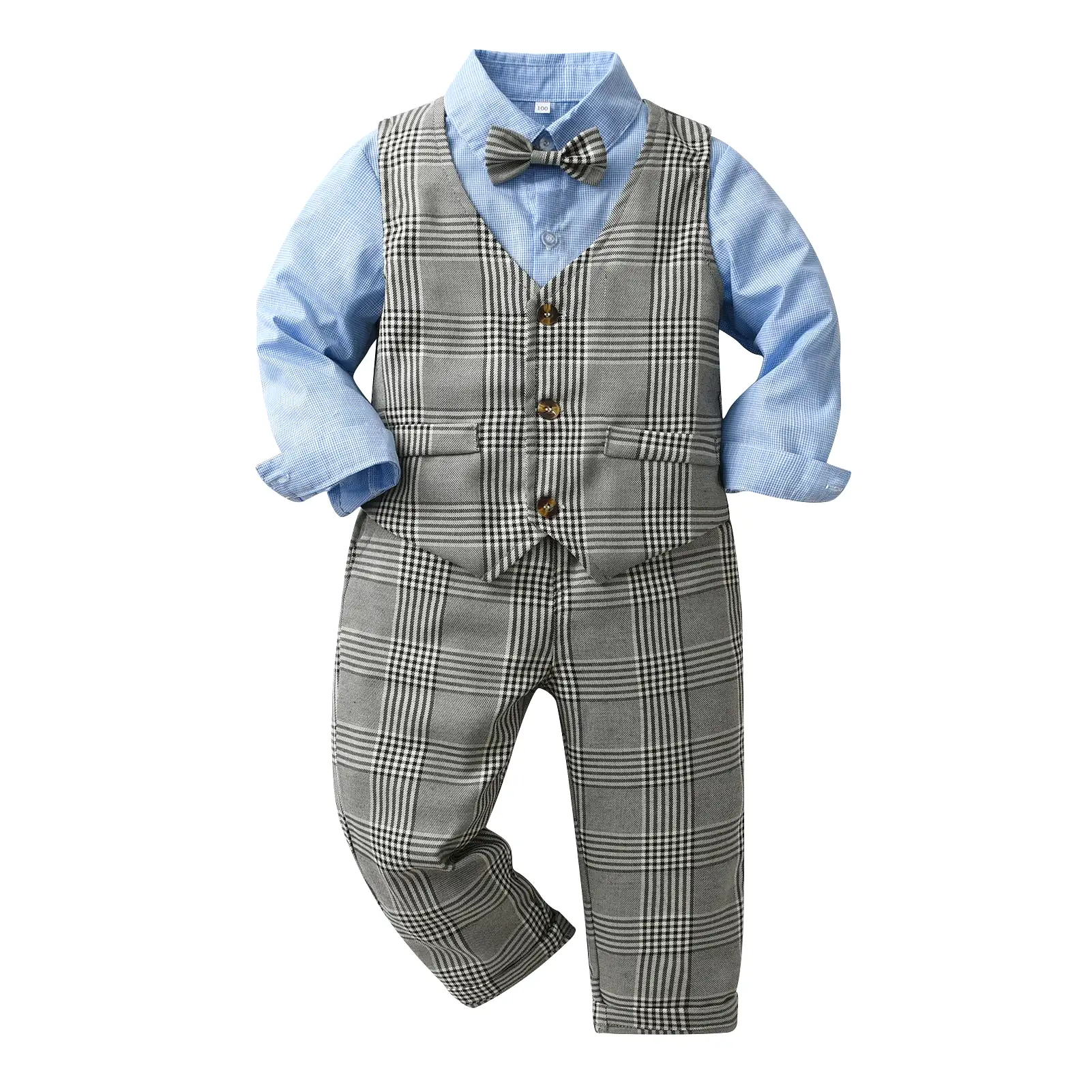 3 Pieces Set Baby Kid Boys Solid Color Shirts Checked Vests Waistcoats And Pants Wholesale 23082855