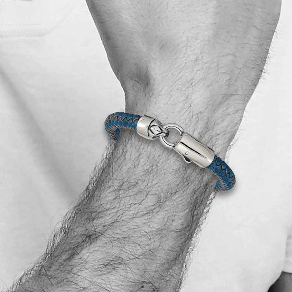 8mm Stainless Steel & Black or Blue Leather Woven Bracelet, 8.25 Inch