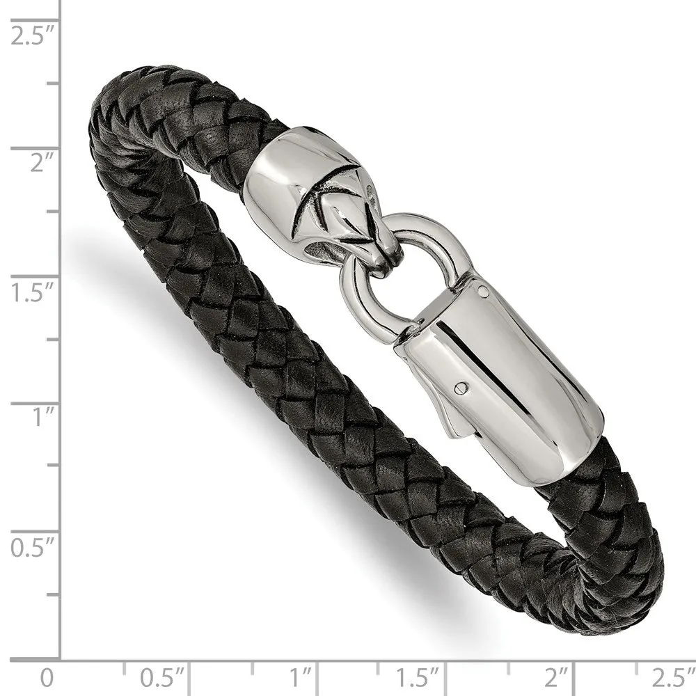 8mm Stainless Steel & Black or Blue Leather Woven Bracelet, 8.25 Inch