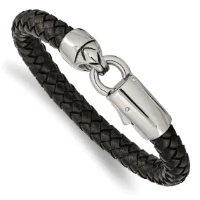 8mm Stainless Steel & Black or Blue Leather Woven Bracelet, 8.25 Inch