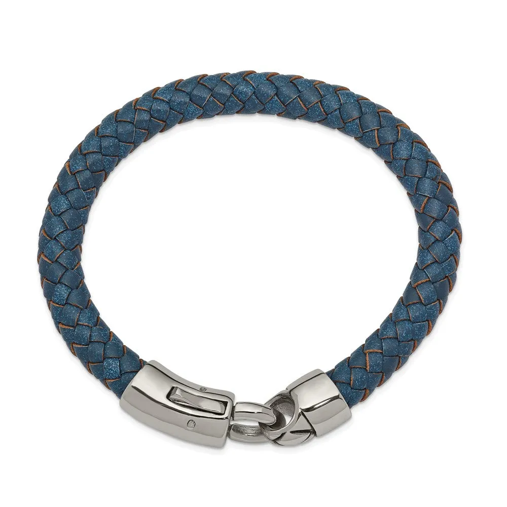 8mm Stainless Steel & Black or Blue Leather Woven Bracelet, 8.25 Inch