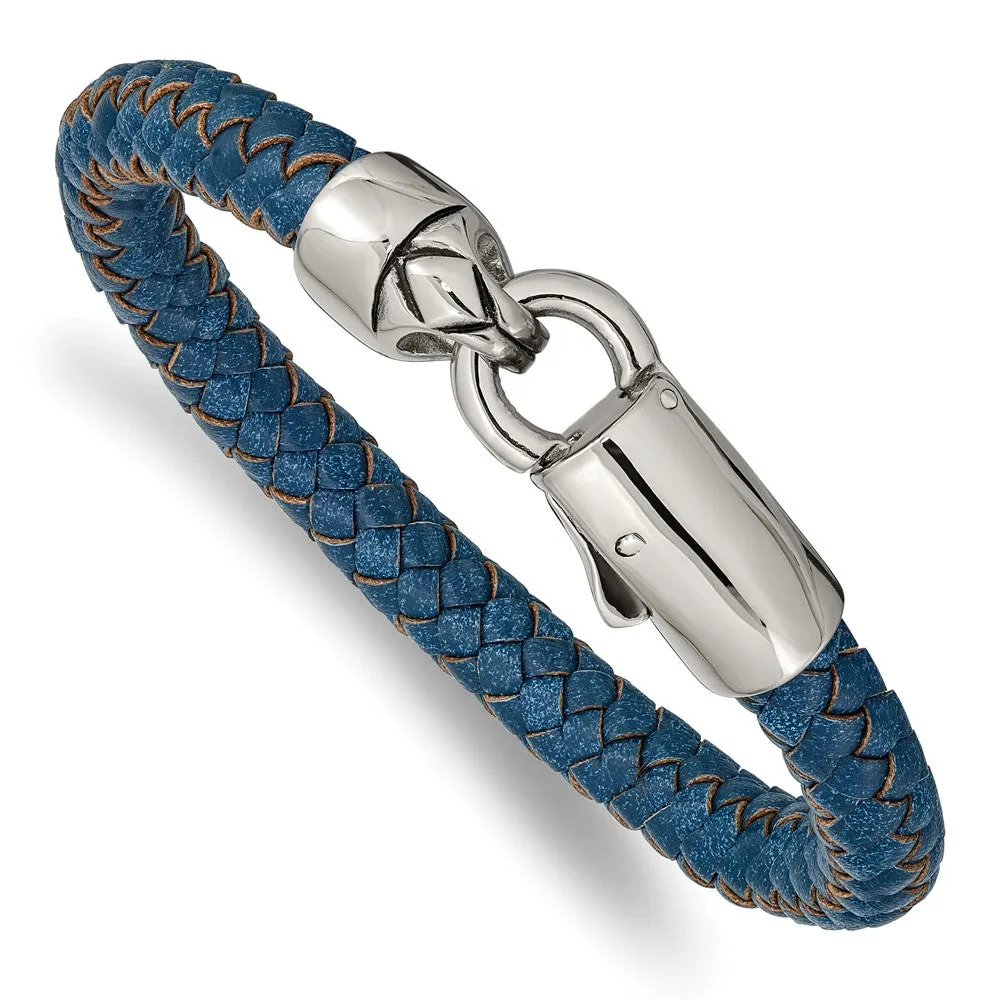 8mm Stainless Steel & Black or Blue Leather Woven Bracelet, 8.25 Inch