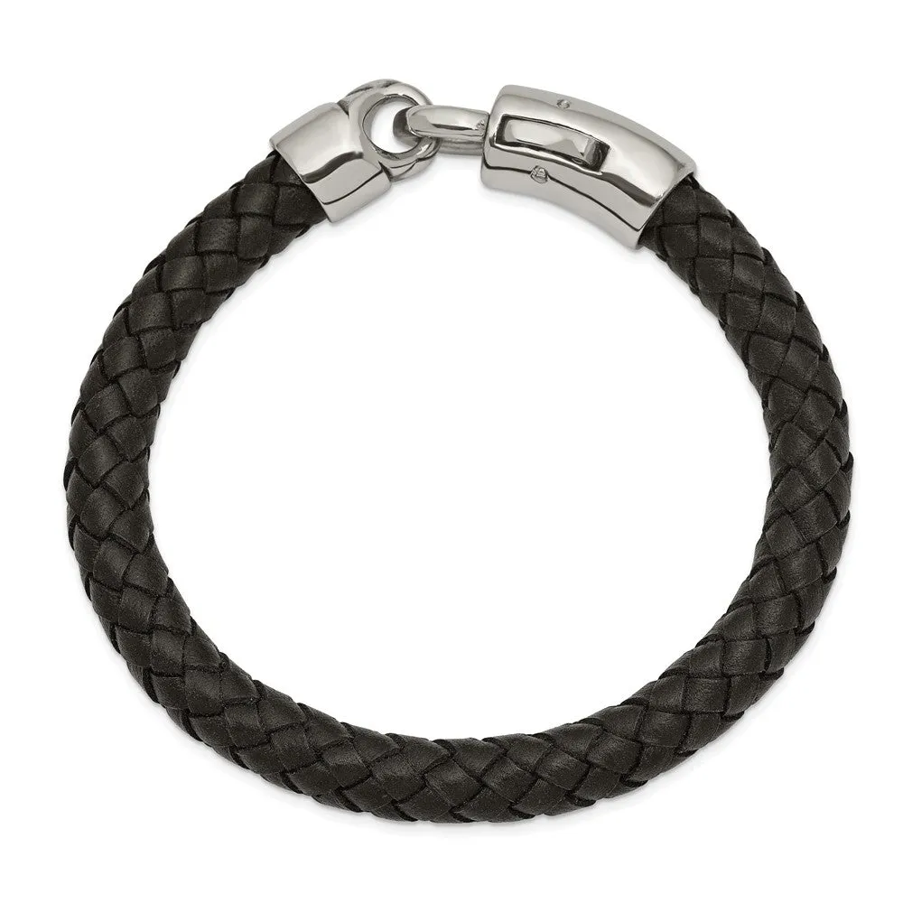 8mm Stainless Steel & Black or Blue Leather Woven Bracelet, 8.25 Inch