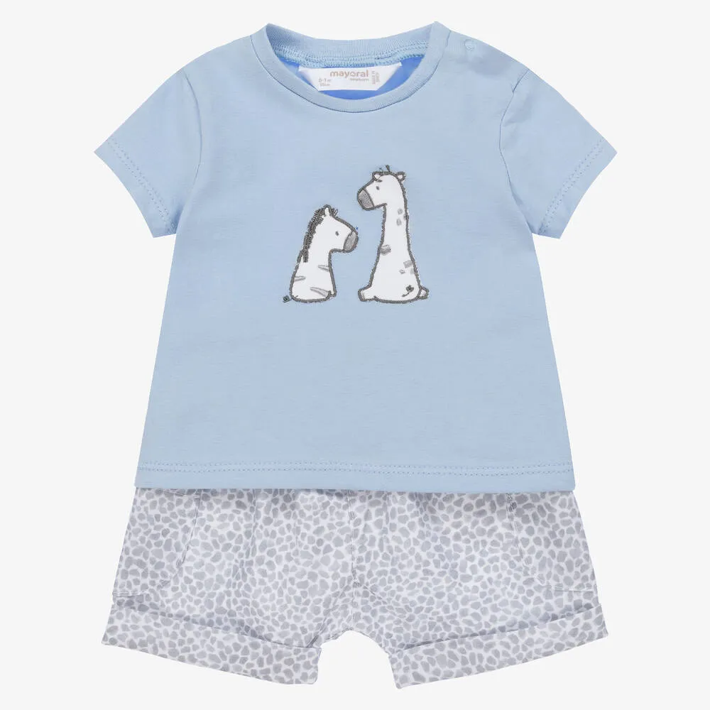 Baby Boys Blue & Grey Cotton Shorts Set