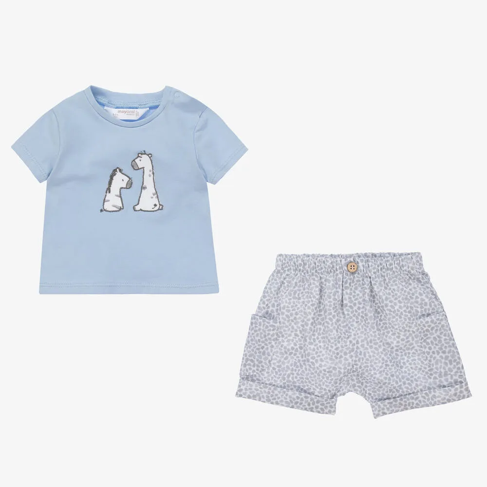 Baby Boys Blue & Grey Cotton Shorts Set