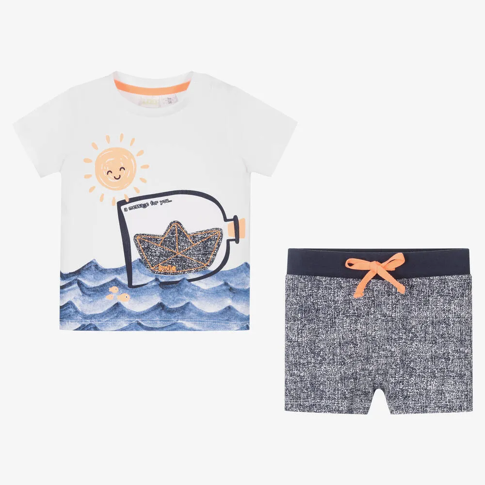 Baby Boys Blue & White Cotton Shorts Set