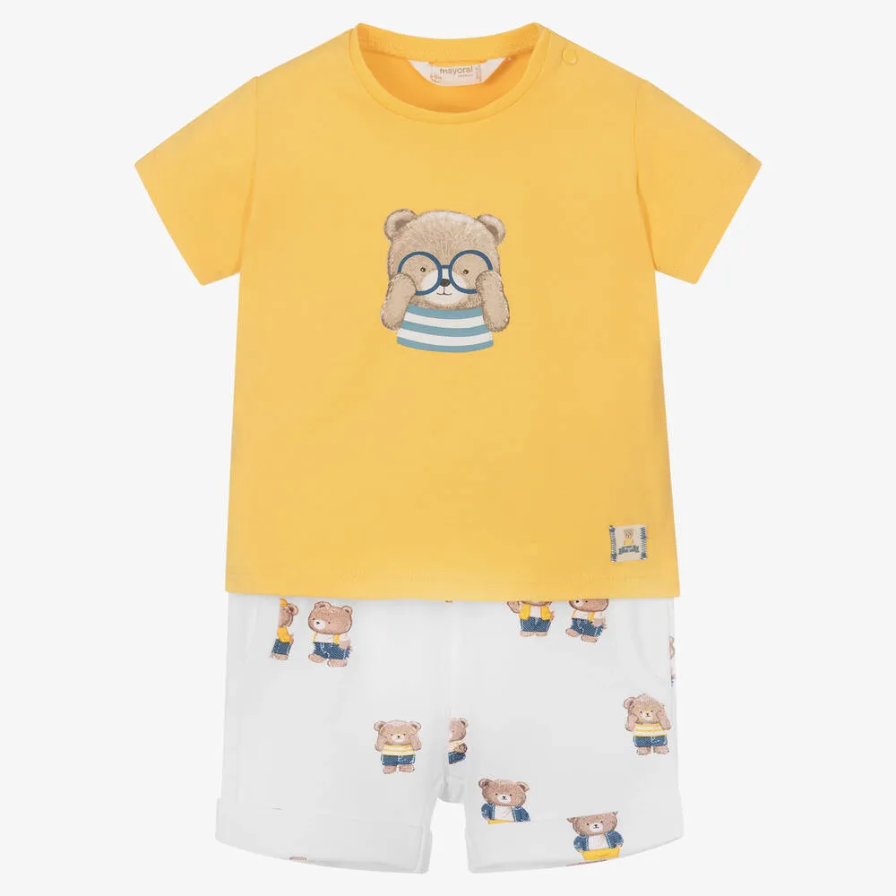 Baby Boys Yellow & White Cotton Shorts Set