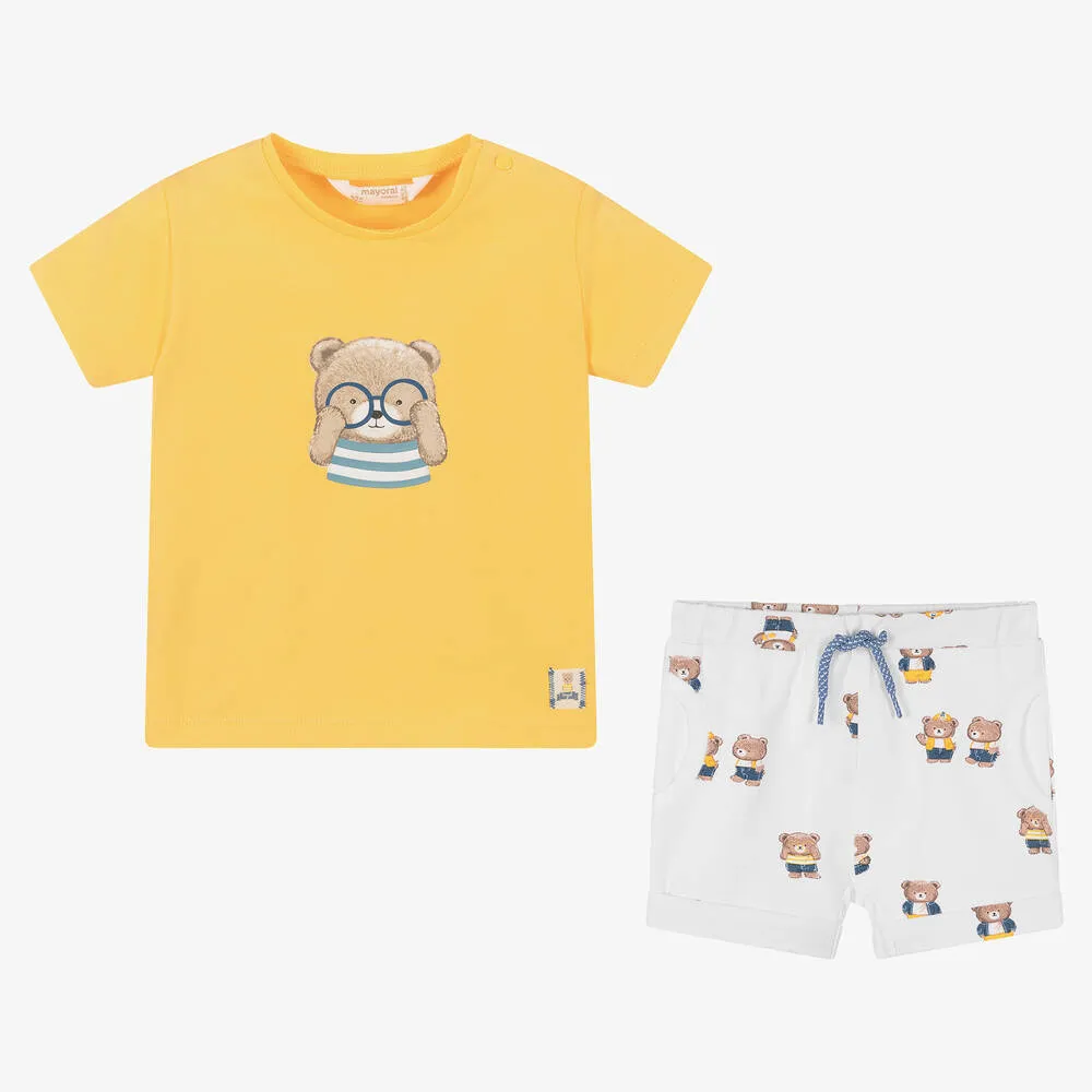 Baby Boys Yellow & White Cotton Shorts Set