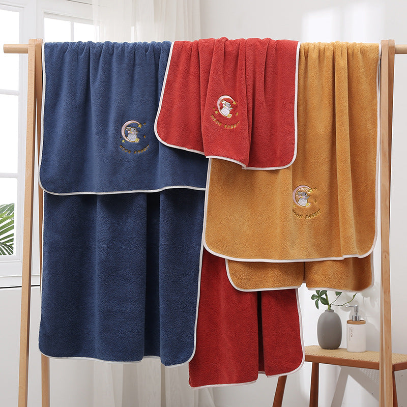 Coral velvet thickened high-end bath towel embroidered with moon