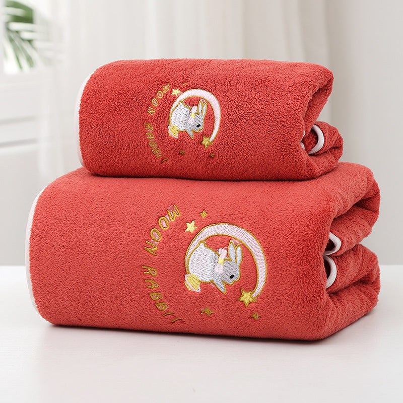 Coral velvet thickened high-end bath towel embroidered with moon