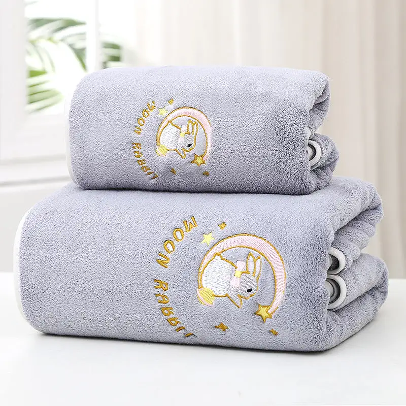 Coral velvet thickened high-end bath towel embroidered with moon