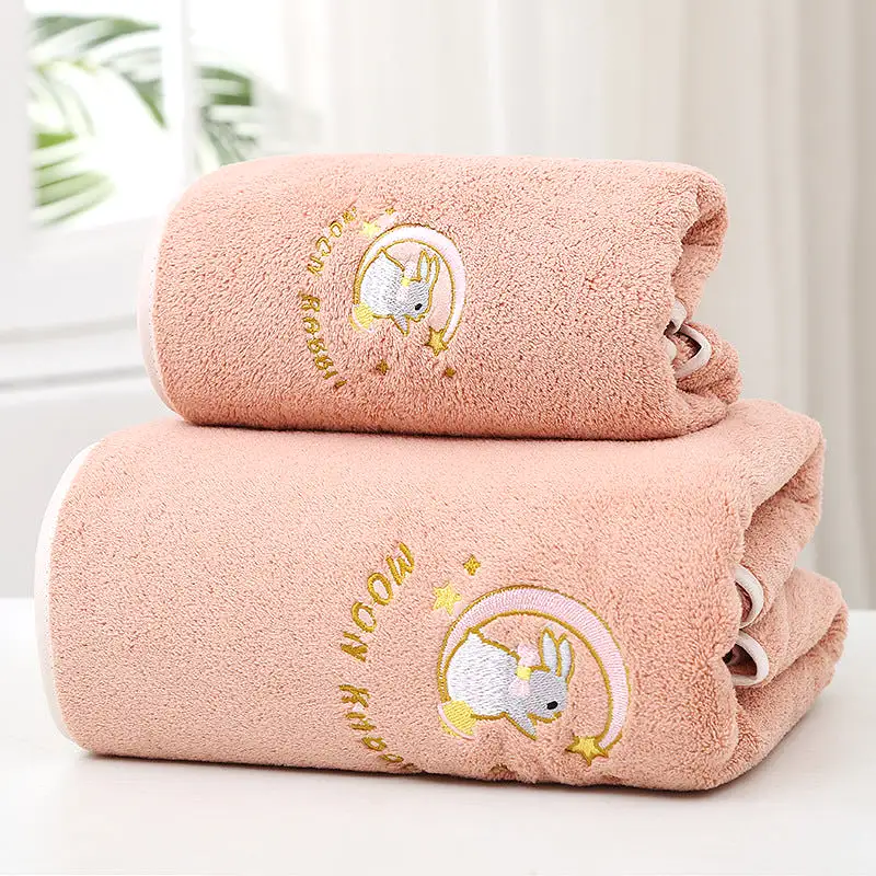 Coral velvet thickened high-end bath towel embroidered with moon