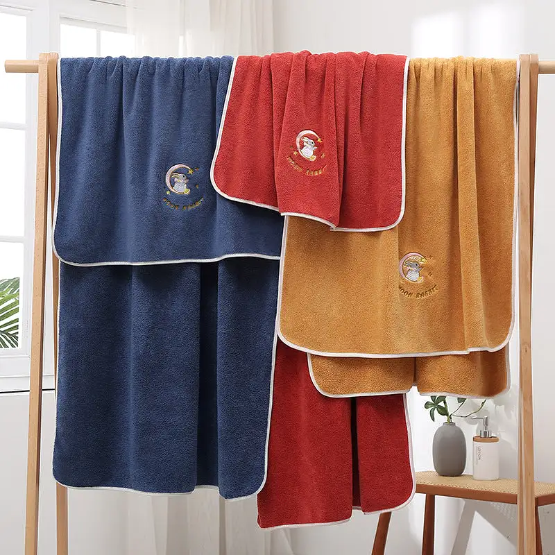 Coral velvet thickened high-end bath towel embroidered with moon