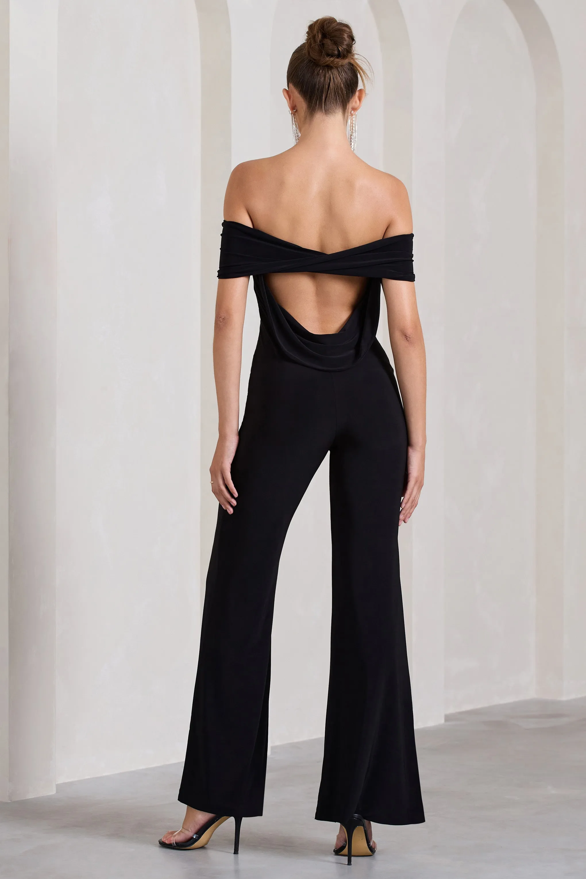 Gemma | Black Bardot Open-Back Flared-Leg Jumpsuit