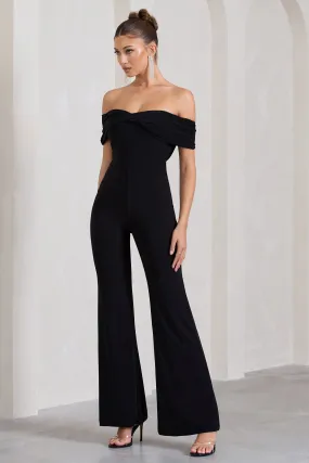 Gemma | Black Bardot Open-Back Flared-Leg Jumpsuit