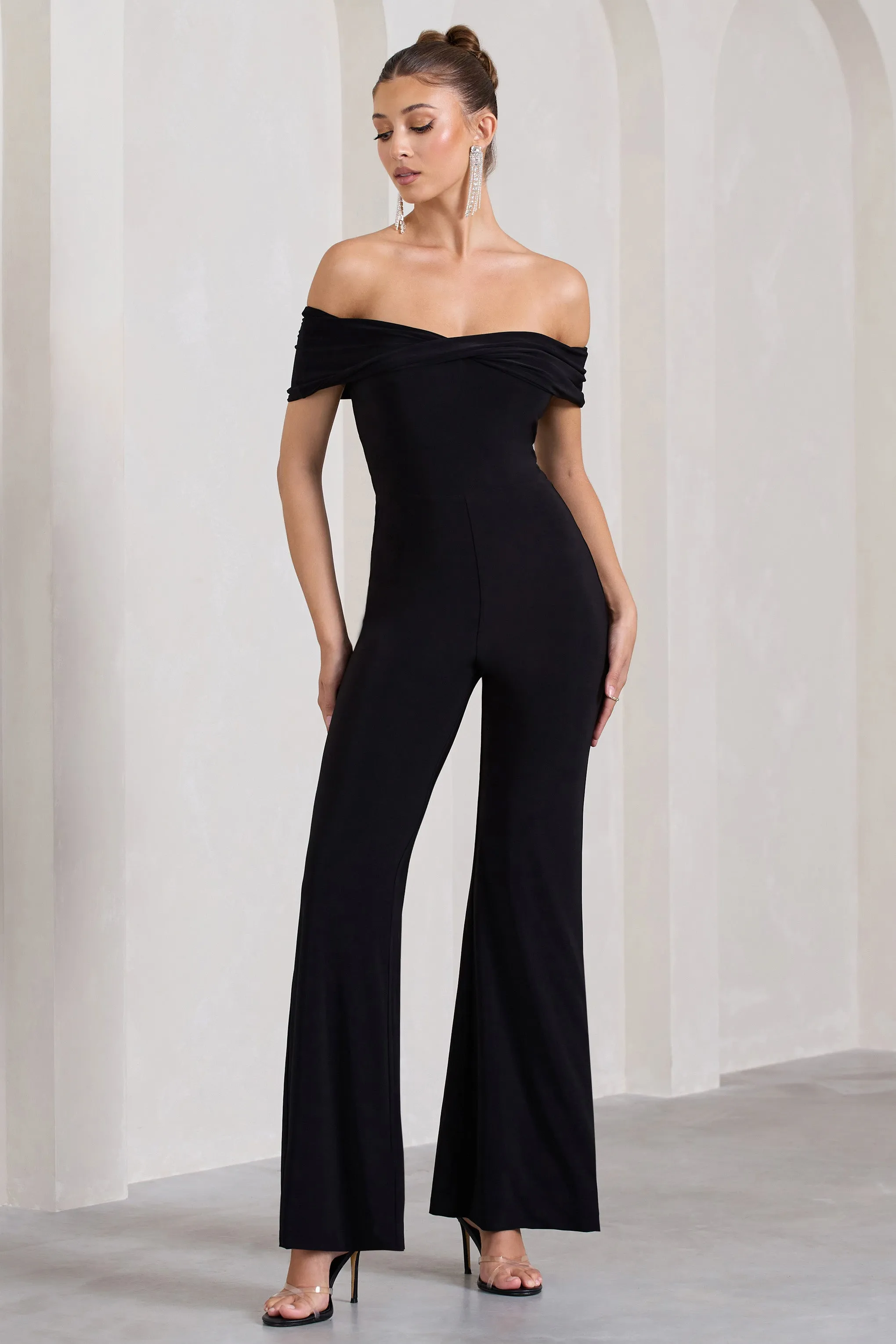 Gemma | Black Bardot Open-Back Flared-Leg Jumpsuit