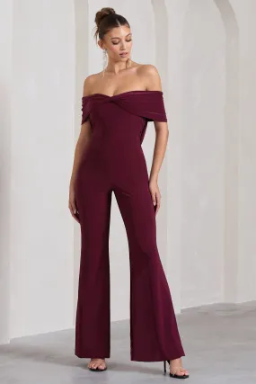 Gemma | Burgundy Bardot Open-Back Flared-Leg Jumpsuit