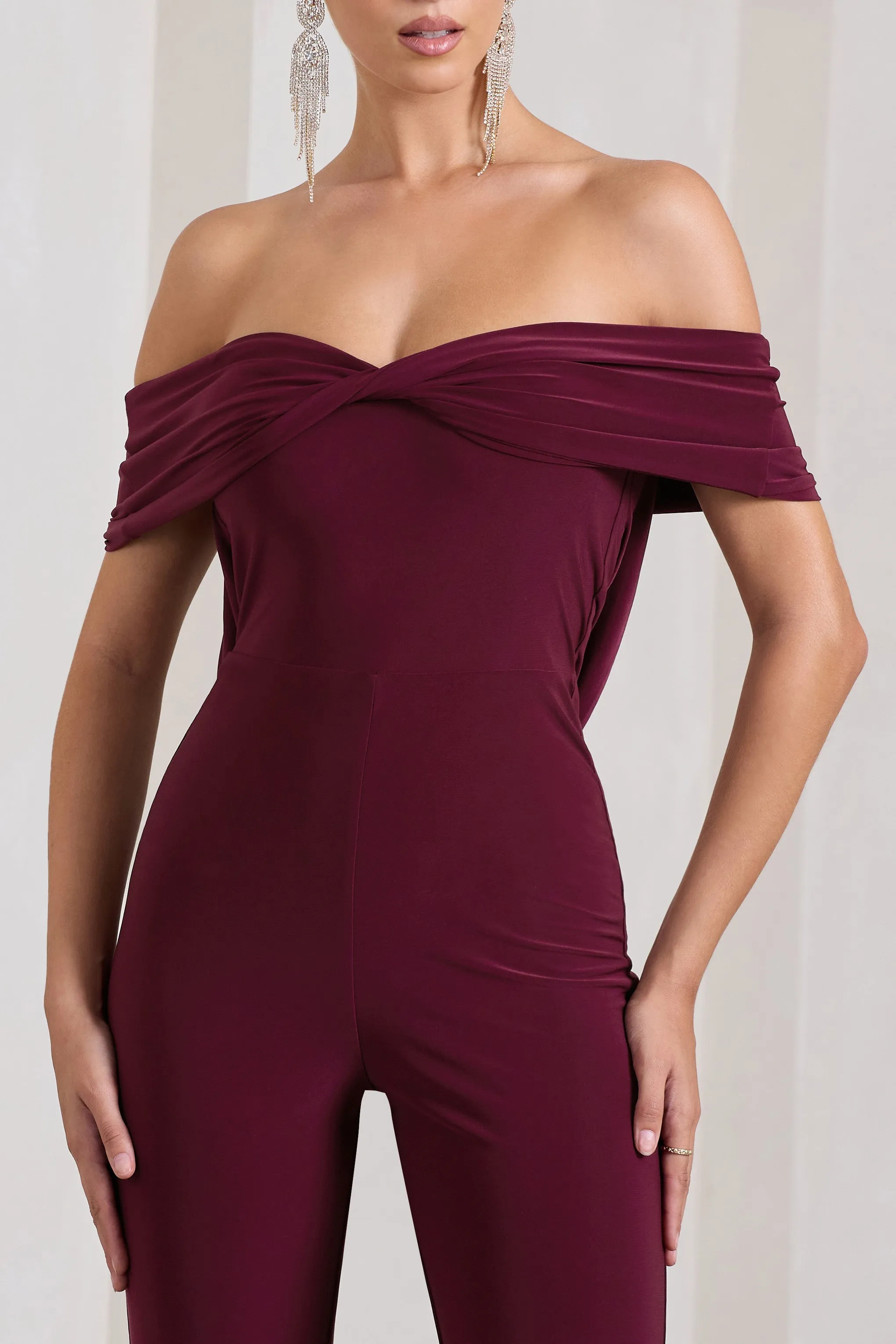 Gemma | Burgundy Bardot Open-Back Flared-Leg Jumpsuit