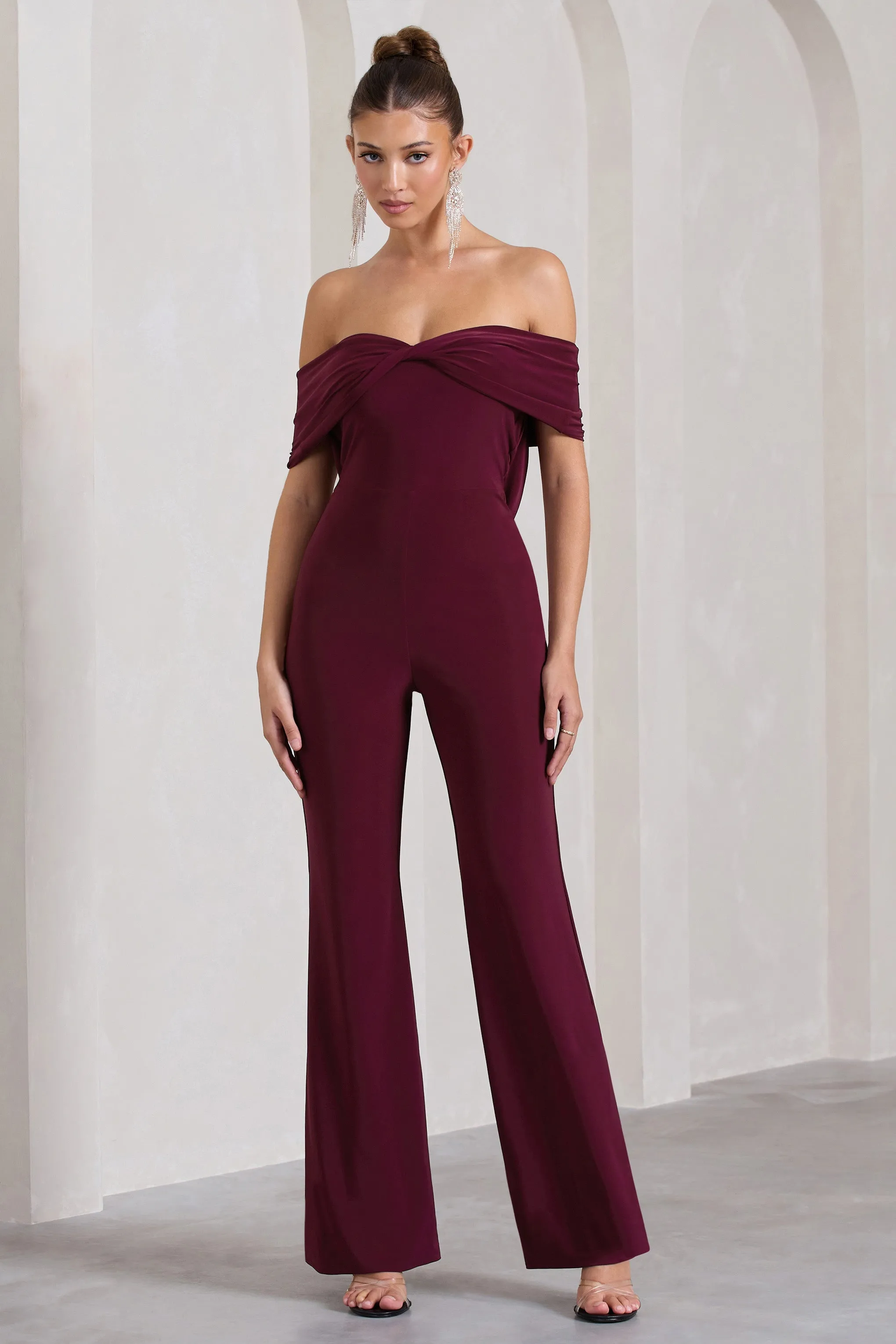 Gemma | Burgundy Bardot Open-Back Flared-Leg Jumpsuit