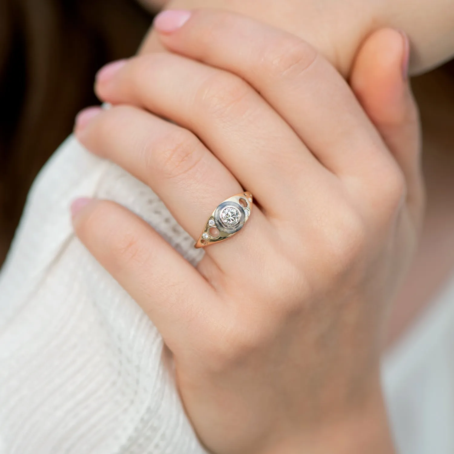 Golden Grommet Ring with a Fancy Green Diamond and Grey Diamond Sphere