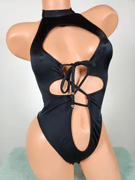 High Neck Lace Up Thong Back Romper