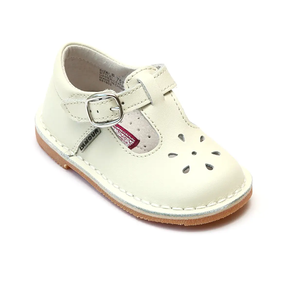 L'Amour Girls Classic 751 Ecru Leather Mary Janes