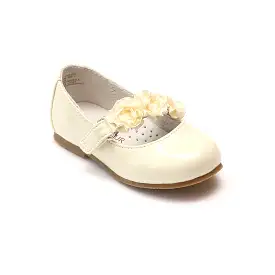 L'Amour Girls Y535 Patent Cream Rosette Flats