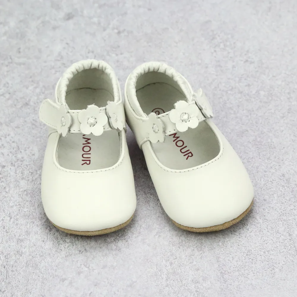 L'Amour Infant Girls White Flower Trio Mary Janes