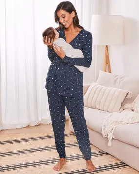 Maternity & Nursing Pajama Set + Baby Wrap - Navy Polka dots