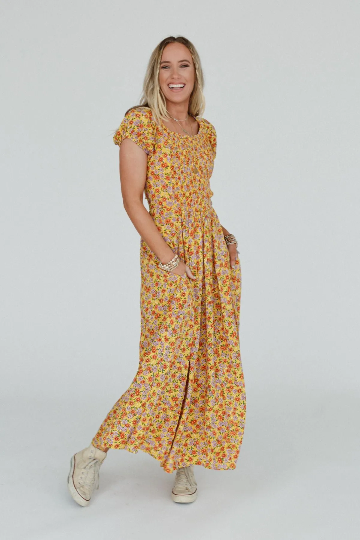 Misha Floral Print Open Back Dress - Mustard