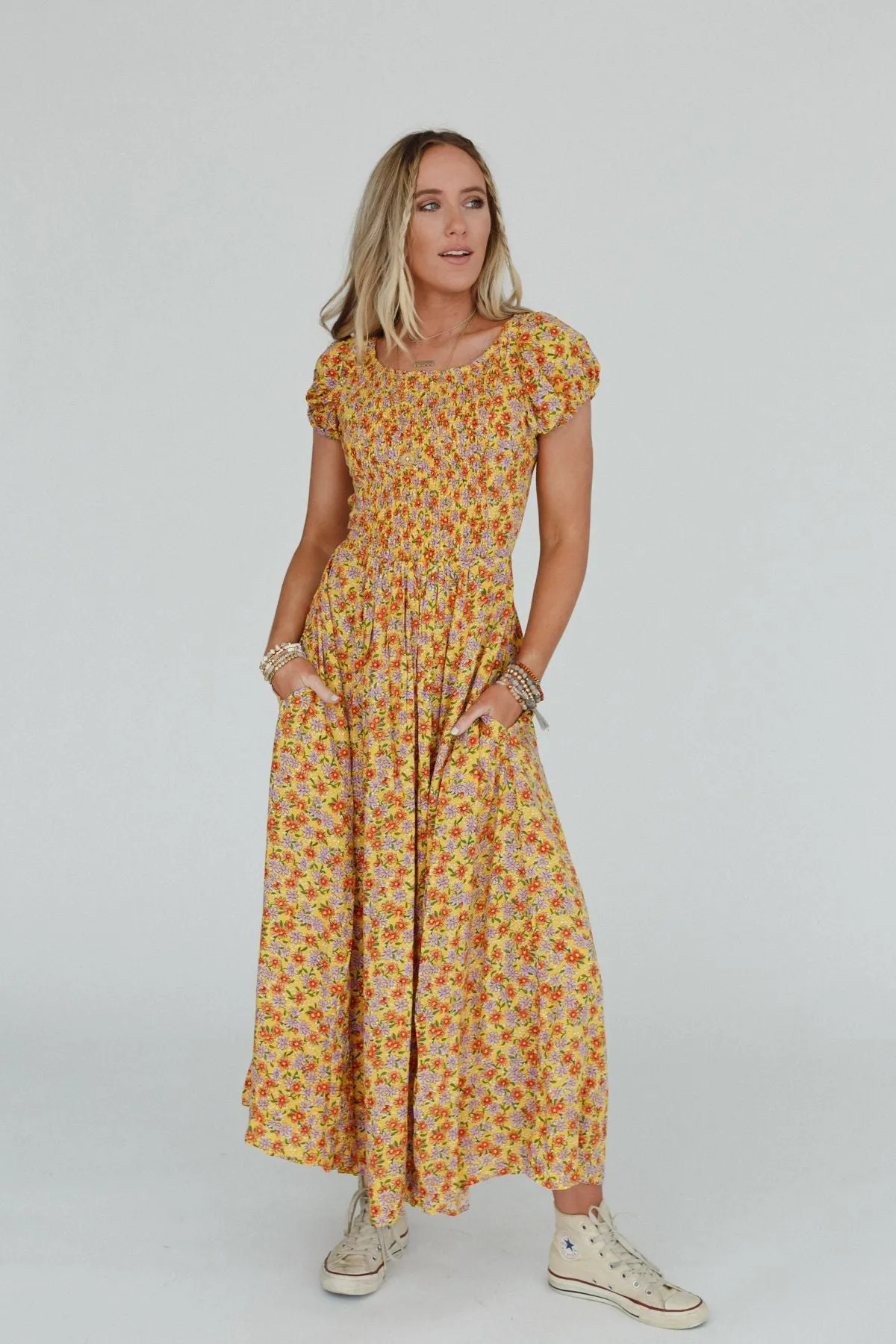 Misha Floral Print Open Back Dress - Mustard