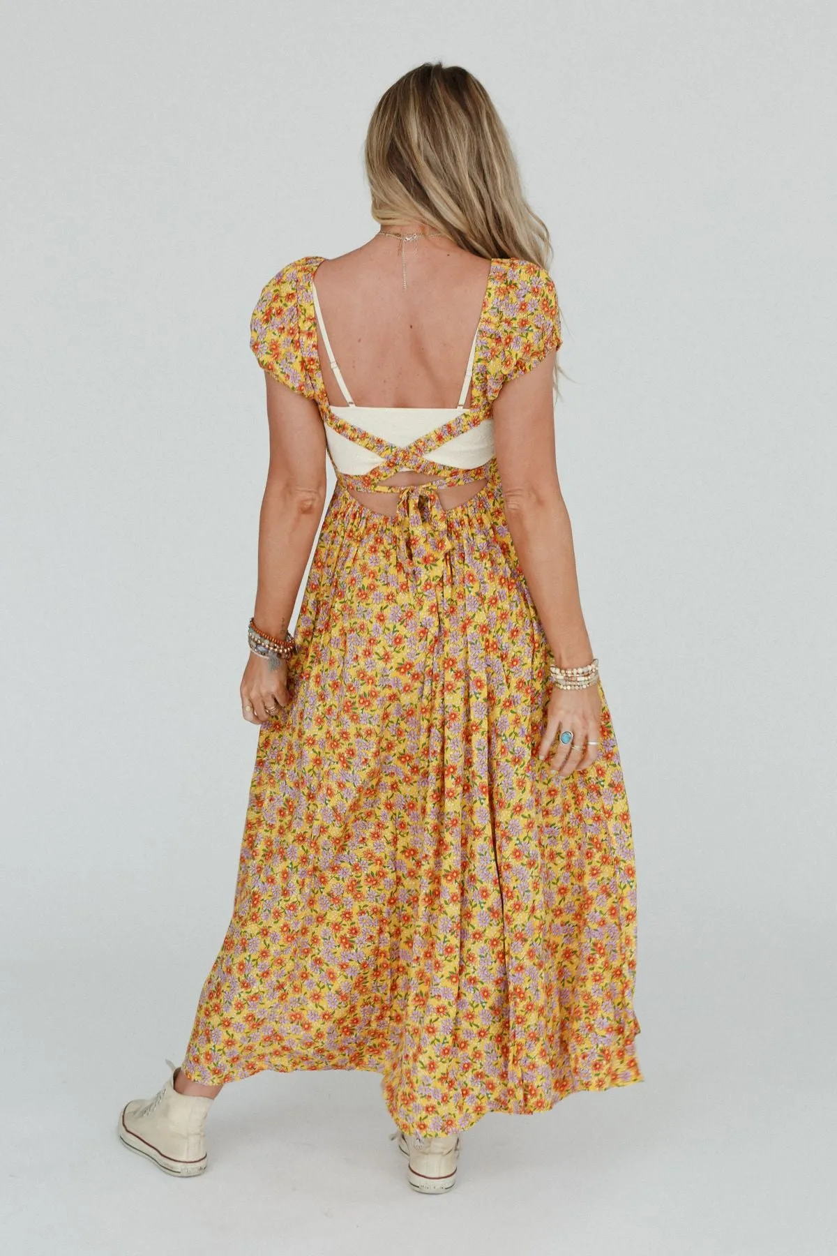 Misha Floral Print Open Back Dress - Mustard