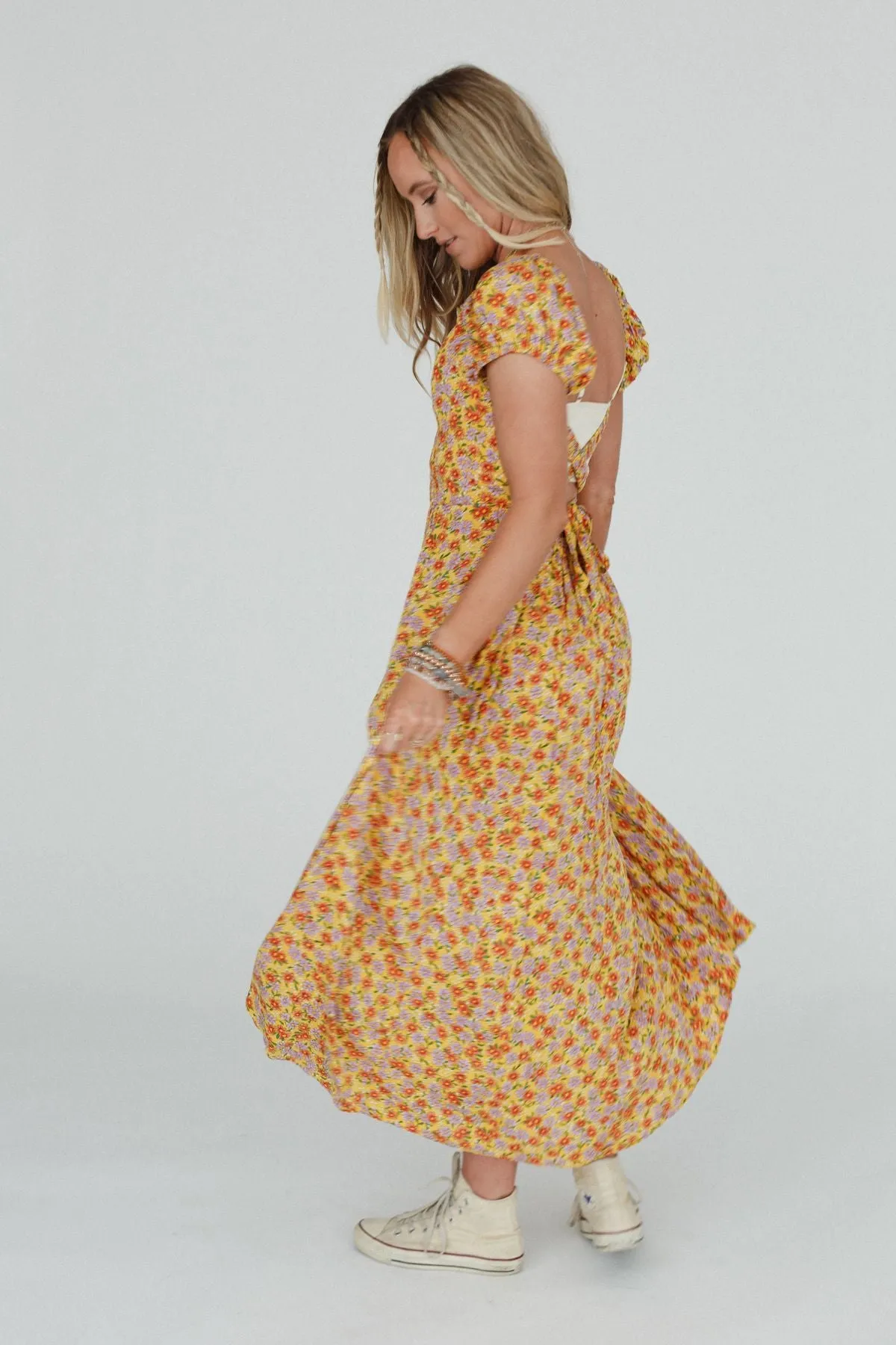 Misha Floral Print Open Back Dress - Mustard