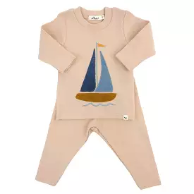 oh baby! Two Piece Set - Sailboat Applique - Almond