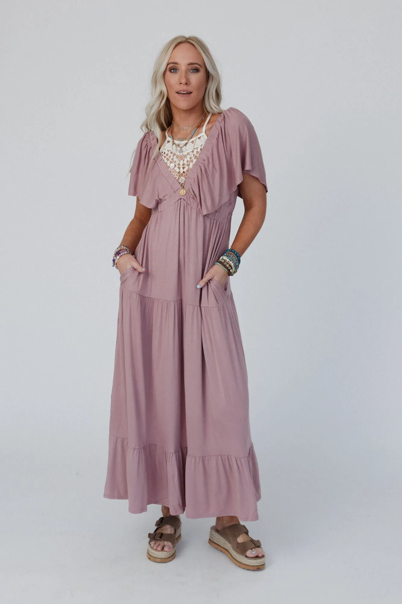 On Repeat Open Back Ruffle Maxi Dress - Mauve