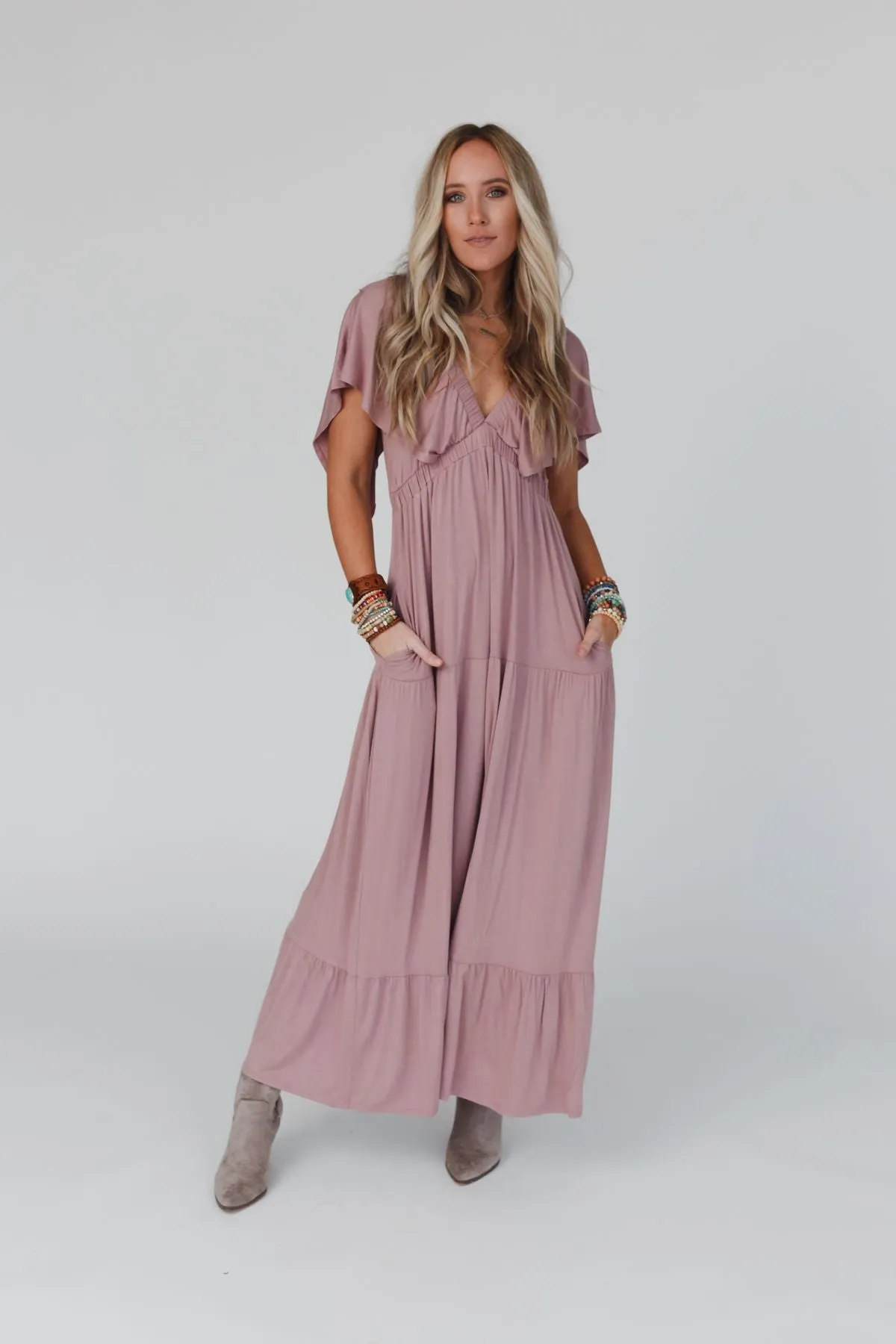 On Repeat Open Back Ruffle Maxi Dress - Mauve