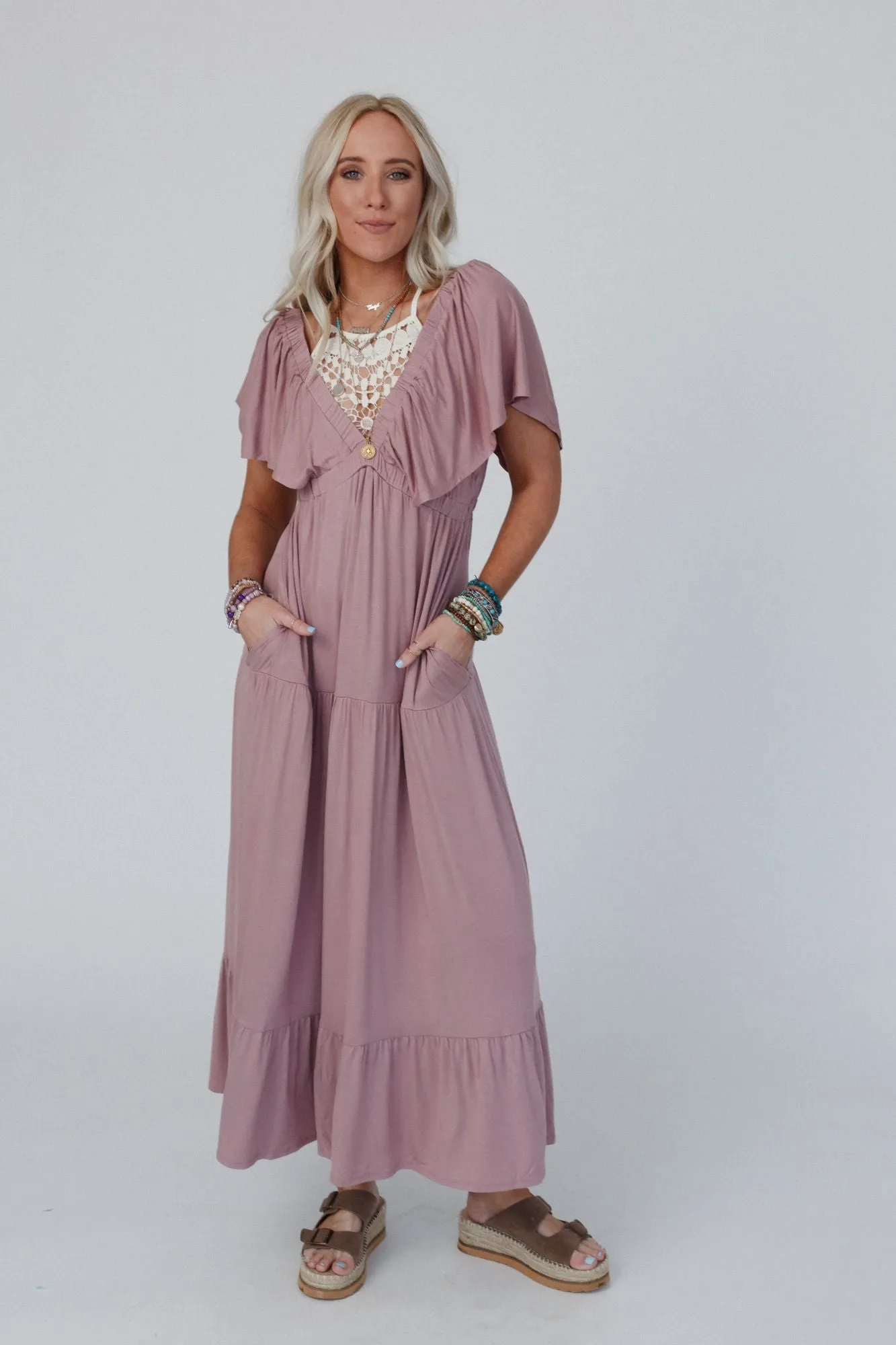 On Repeat Open Back Ruffle Maxi Dress - Mauve