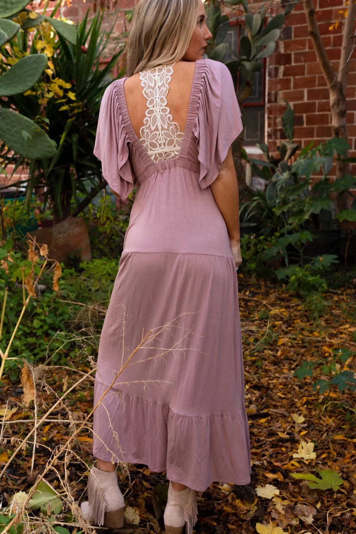 On Repeat Open Back Ruffle Maxi Dress - Mauve