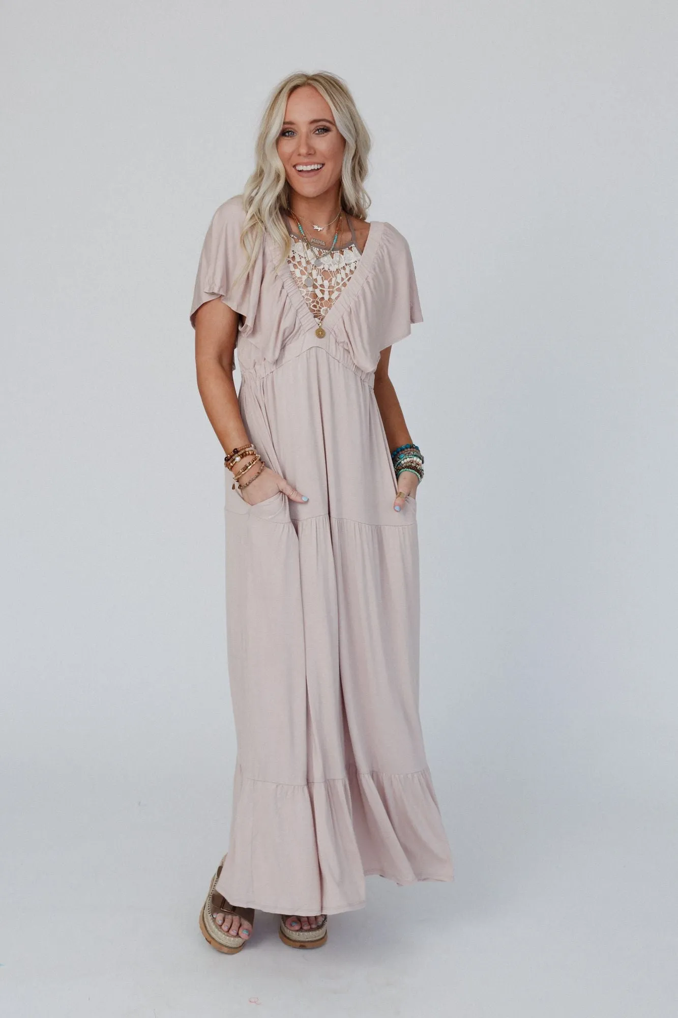 On Repeat Open Back Ruffle Maxi Dress - Sand