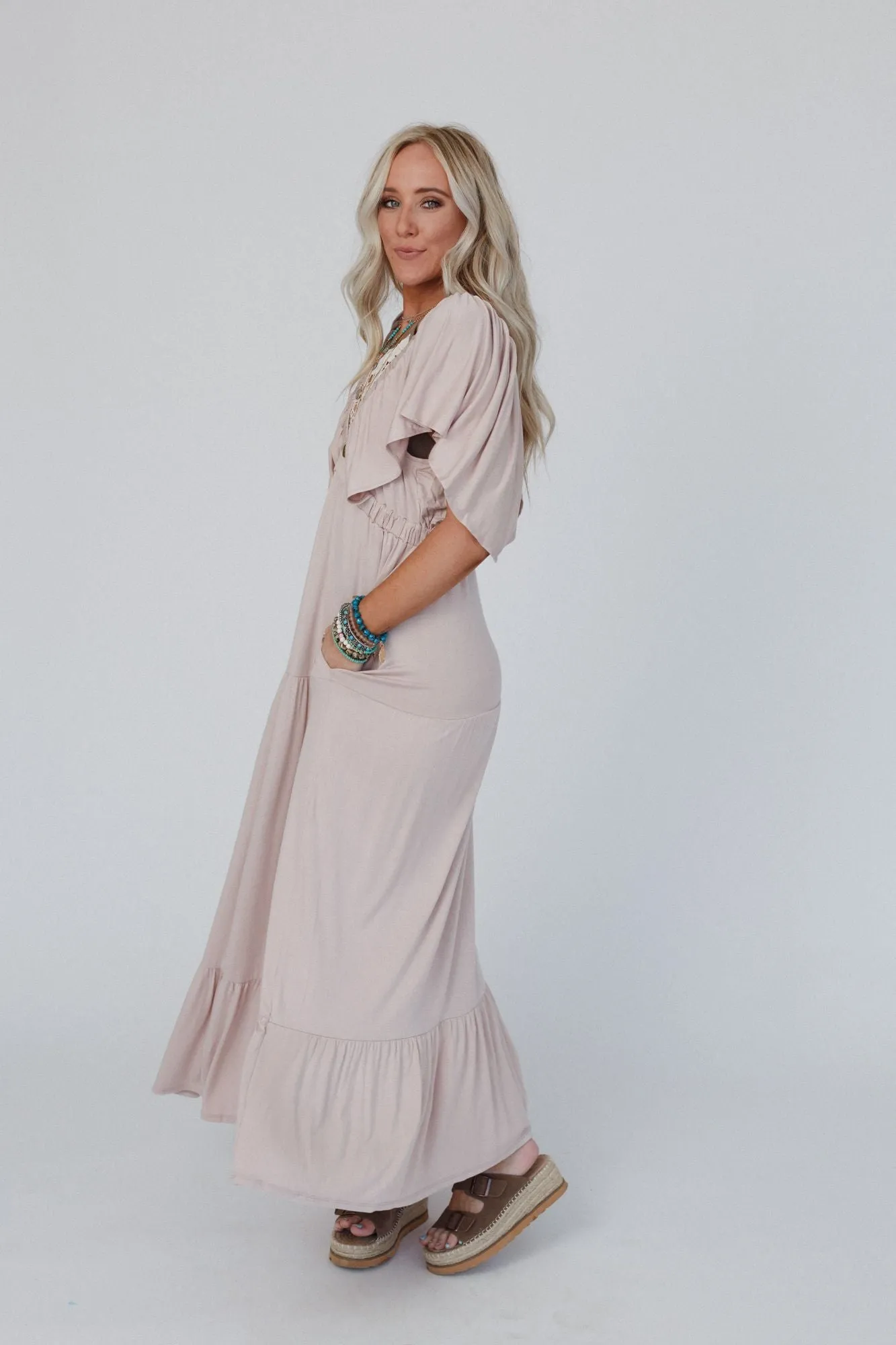 On Repeat Open Back Ruffle Maxi Dress - Sand